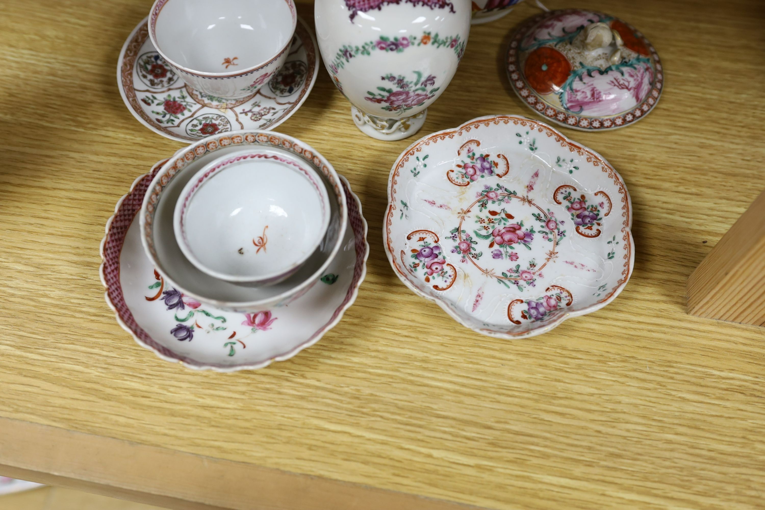 A selection of 18th century Chinese export wares, to include a teapot, tea bowls, saucers etc., some matching, tallest 16cm, (10)
